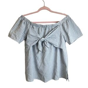 Doe & Rae Off‎ the Shoulder Blouse Women's M Blue Plaid Gingham Spring Cotton